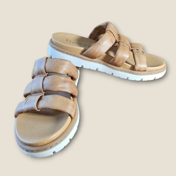 Born Daisy Womens Sandals Size 6M Leather Slide White Sole Tan Brown Comfort - Picture 1 of 12